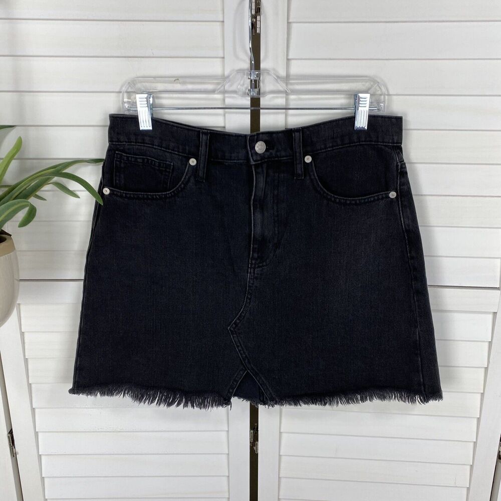 Madewell Rigid Denim A Line Mini Skirt Black Lunar Wash Cutout Raw Hem Size 29